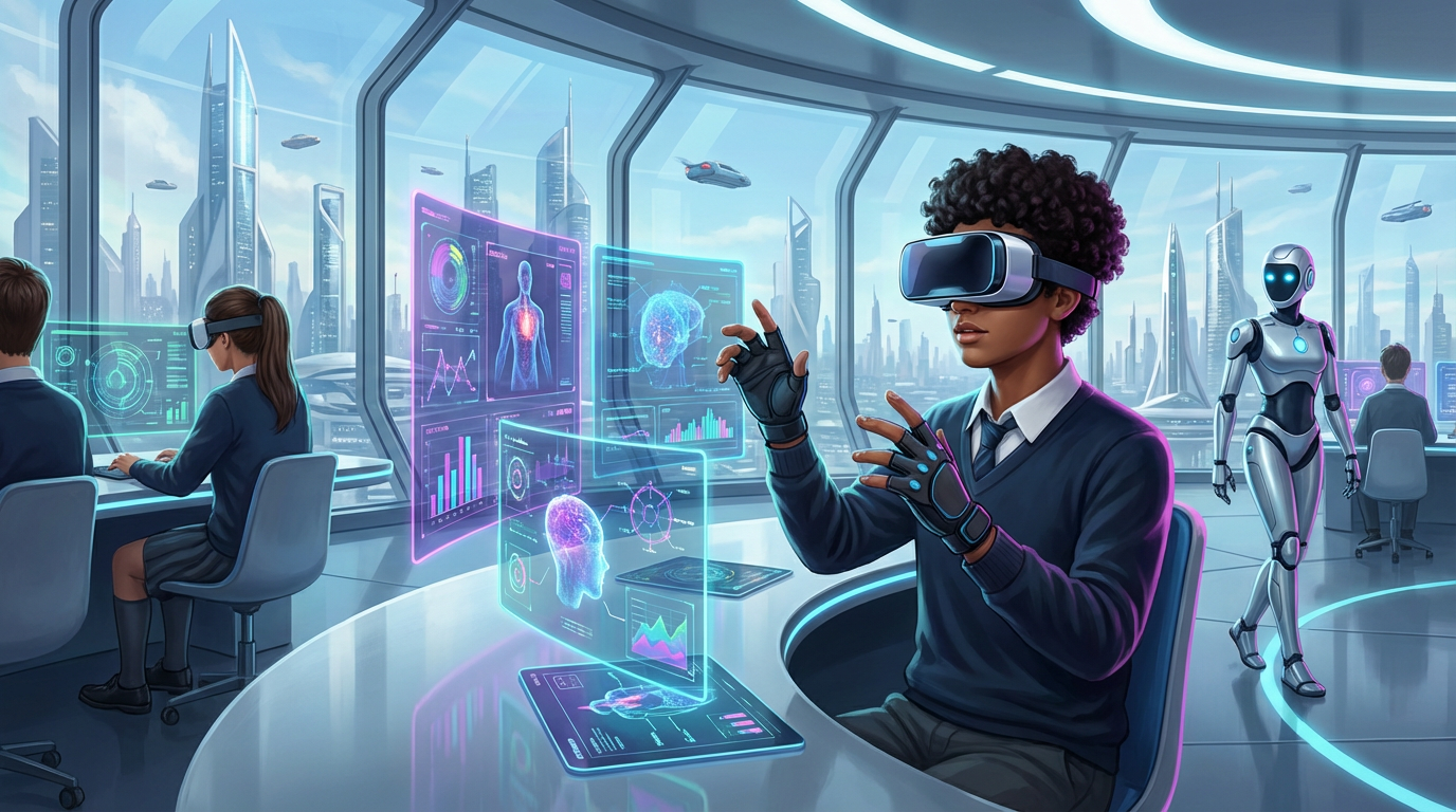 Illustration of a student interacting with a futuristic AI-powered learning platform